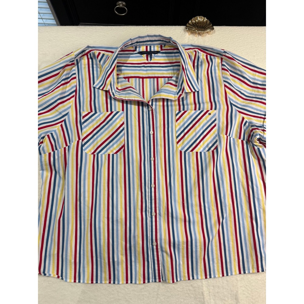 Tommy Hilfiger Womens 3X Multi Stripe Cotton Short Sleeve Button Down Shirt
